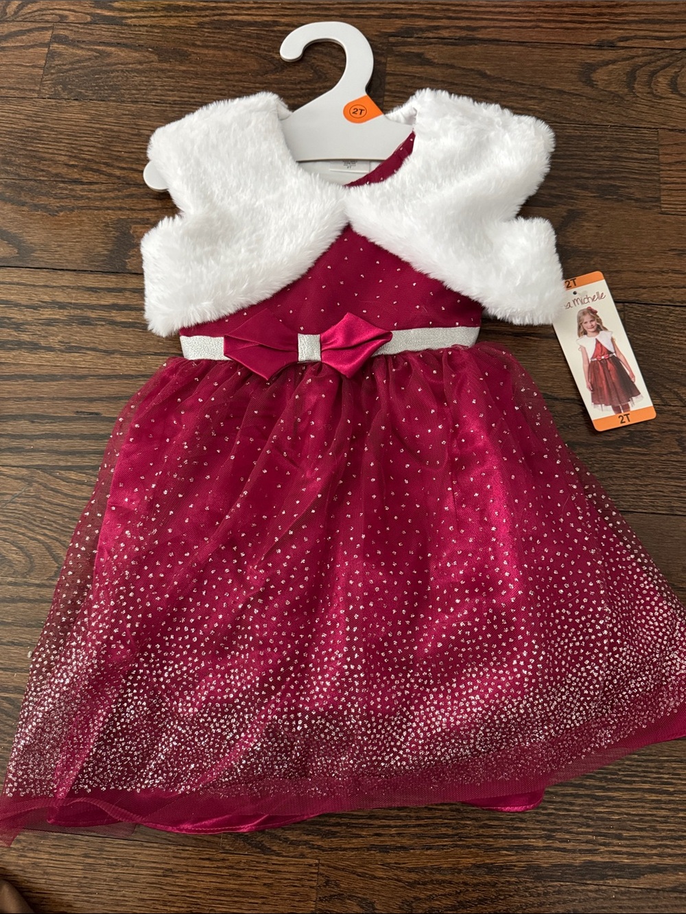 Girls Sparkle Burgundy Holiday Dress with White Faux Fur Bolero